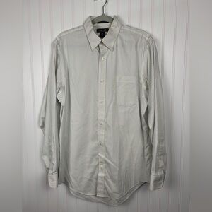 Lands End Men’s Long Sleeve Button Up Shirt White Blue Yellow Stripe No Iron Med